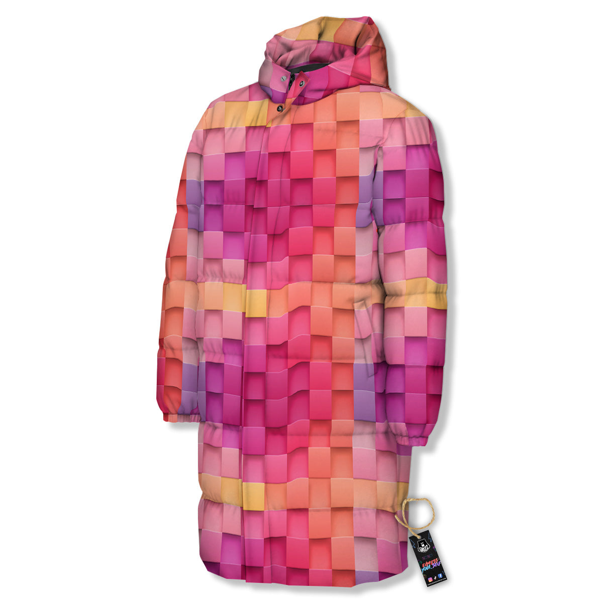 Square Tile 3D Colorful Print Pattern Long Down Jacket-grizzshop