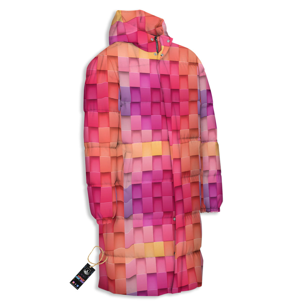 Square Tile 3D Colorful Print Pattern Long Down Jacket-grizzshop