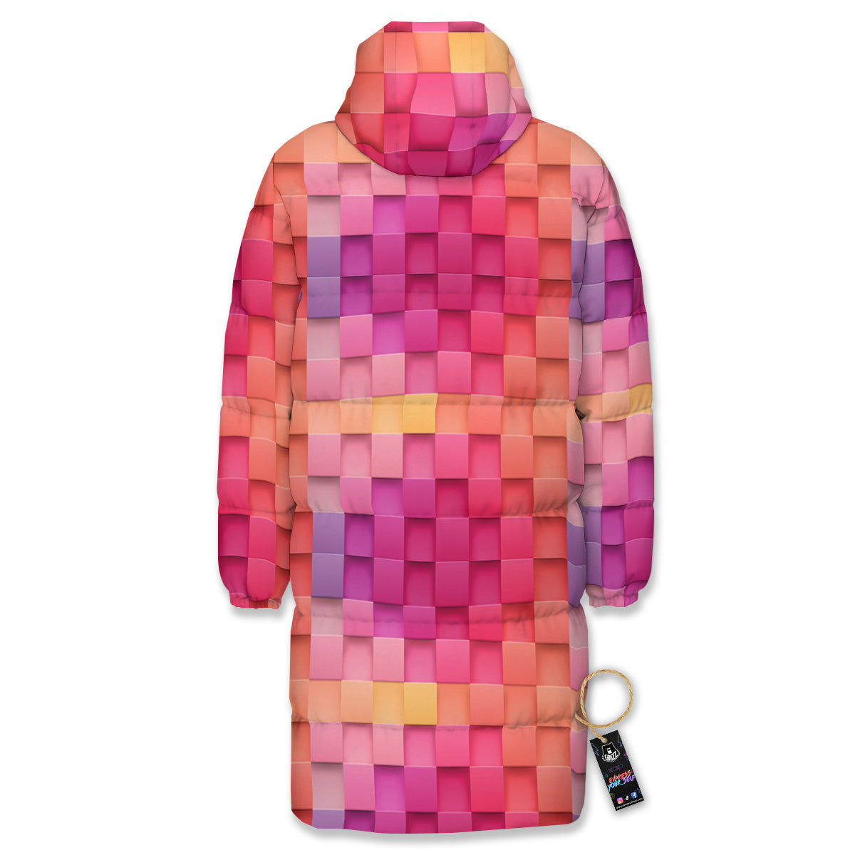 Square Tile 3D Colorful Print Pattern Long Down Jacket-grizzshop
