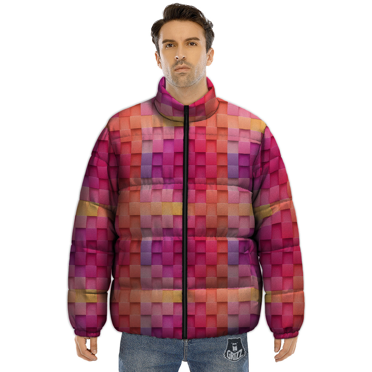 Square Tile 3D Colorful Print Pattern Puffer Jacket-grizzshop