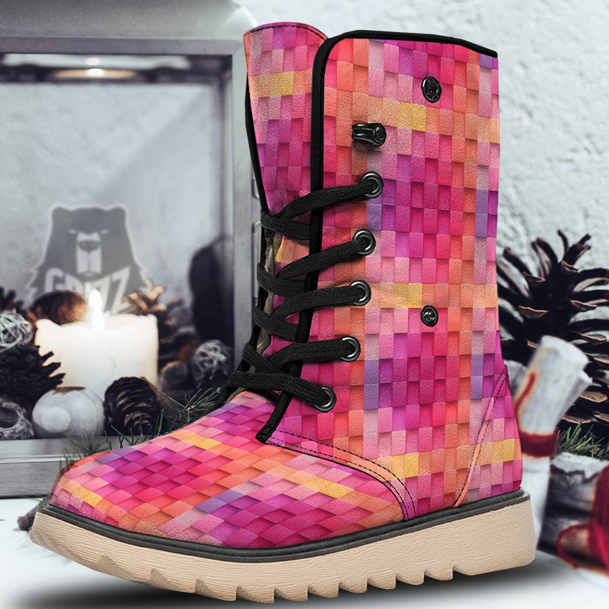 Square Tile 3D Colorful Print Pattern Snow Boots-grizzshop