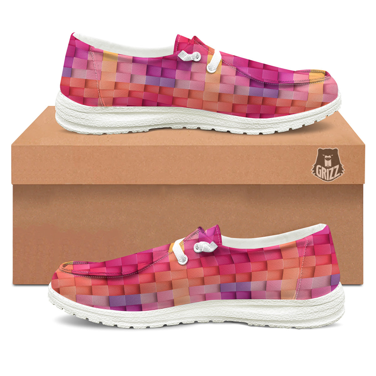 Square Tile 3D Colorful Print Pattern White Loafers-grizzshop