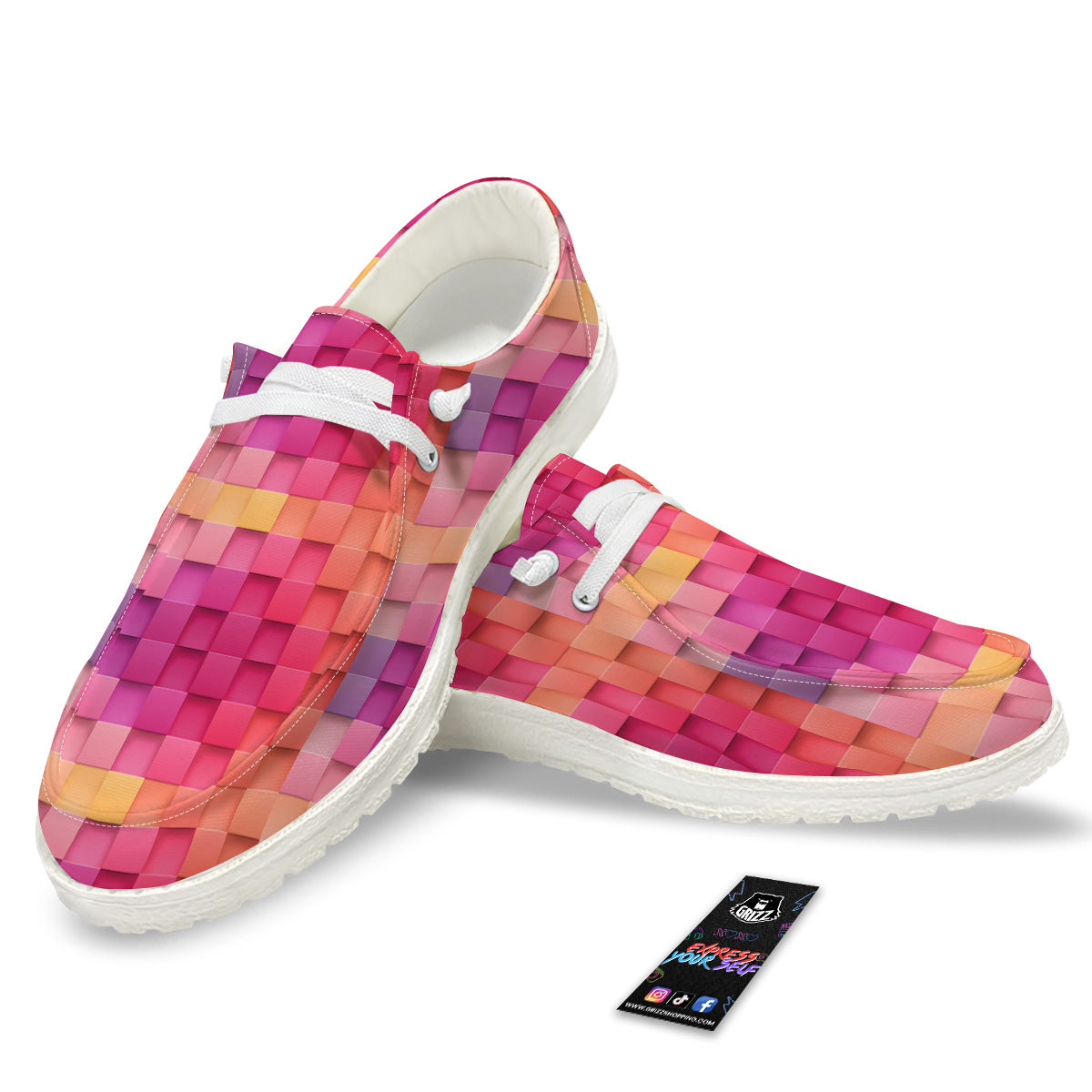 Square Tile 3D Colorful Print Pattern White Loafers-grizzshop
