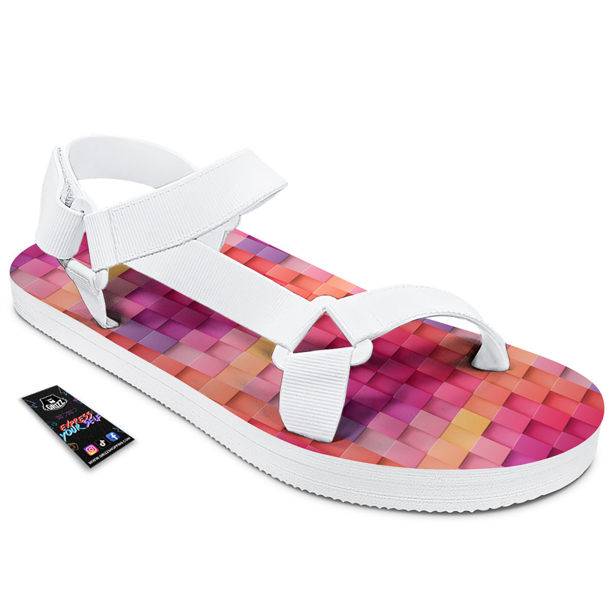 Square Tile 3D Colorful Print Pattern White Open Toe Sandals-grizzshop