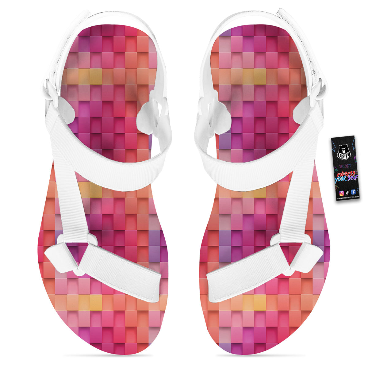 Square Tile 3D Colorful Print Pattern White Open Toe Sandals-grizzshop