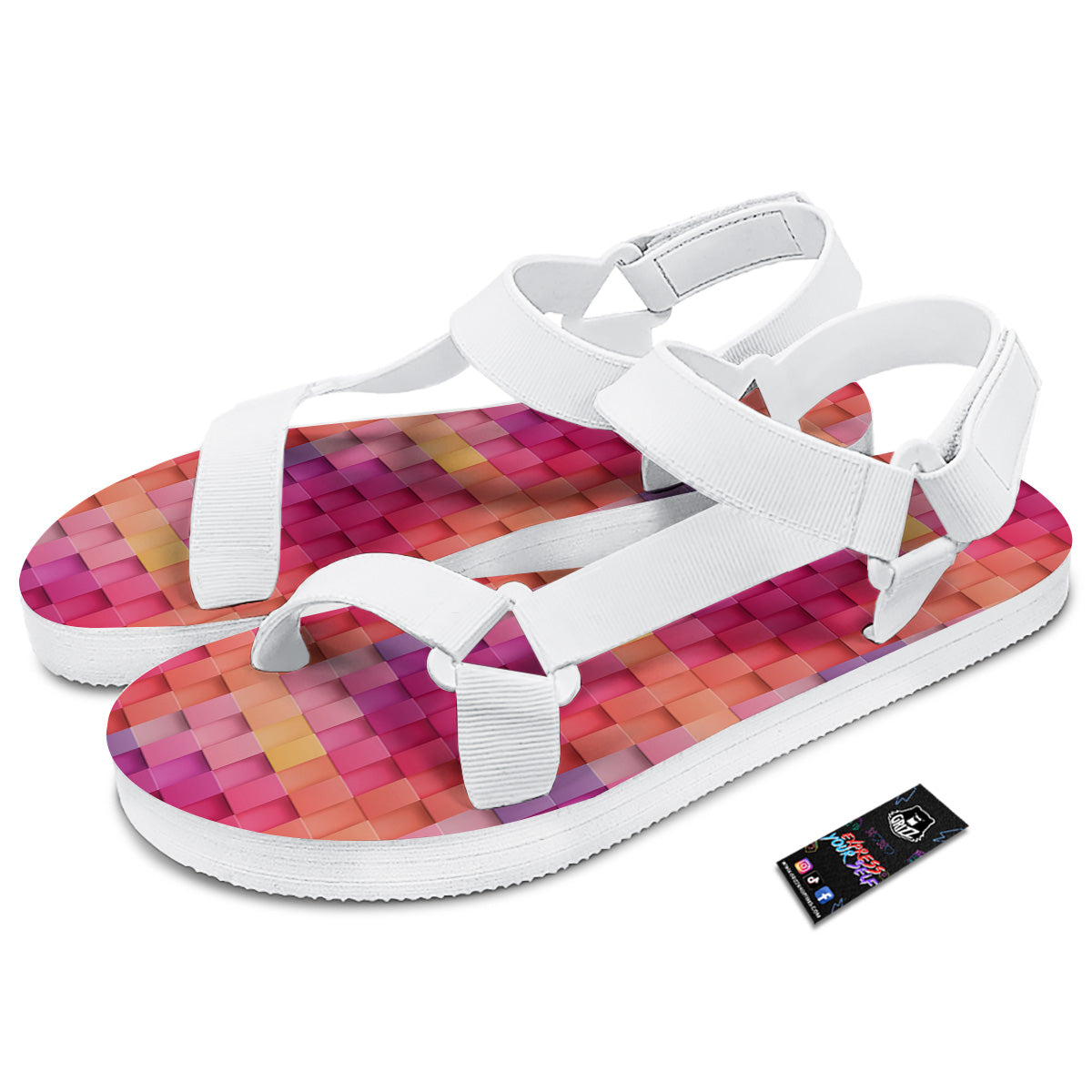 Square Tile 3D Colorful Print Pattern White Open Toe Sandals-grizzshop