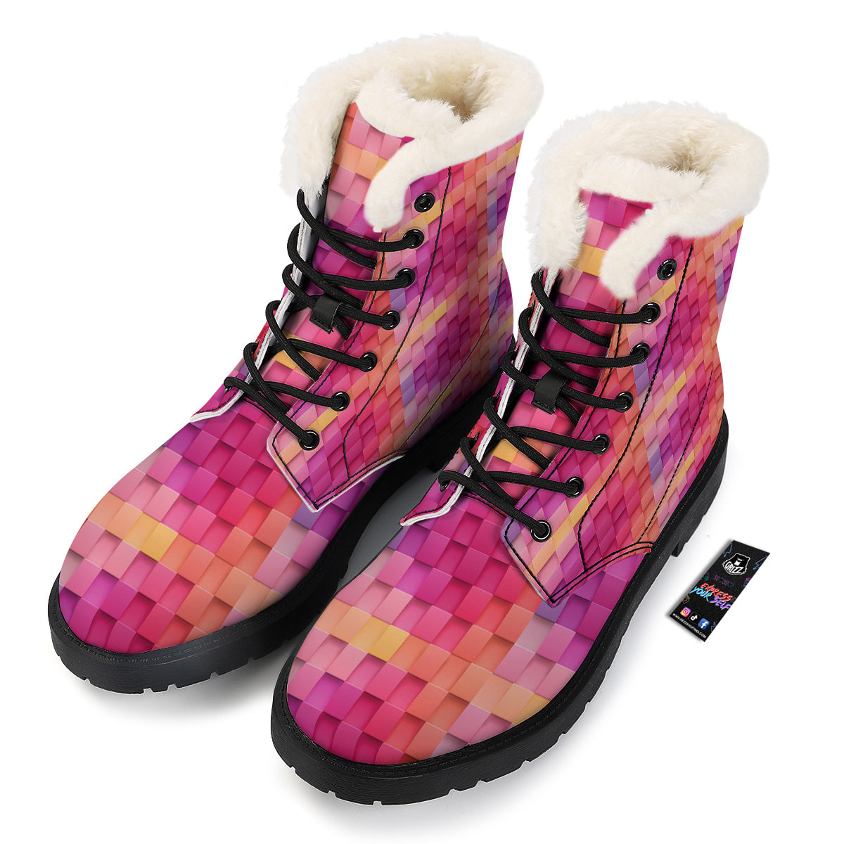 Square Tile 3D Colorful Print Pattern Winter Boots-grizzshop