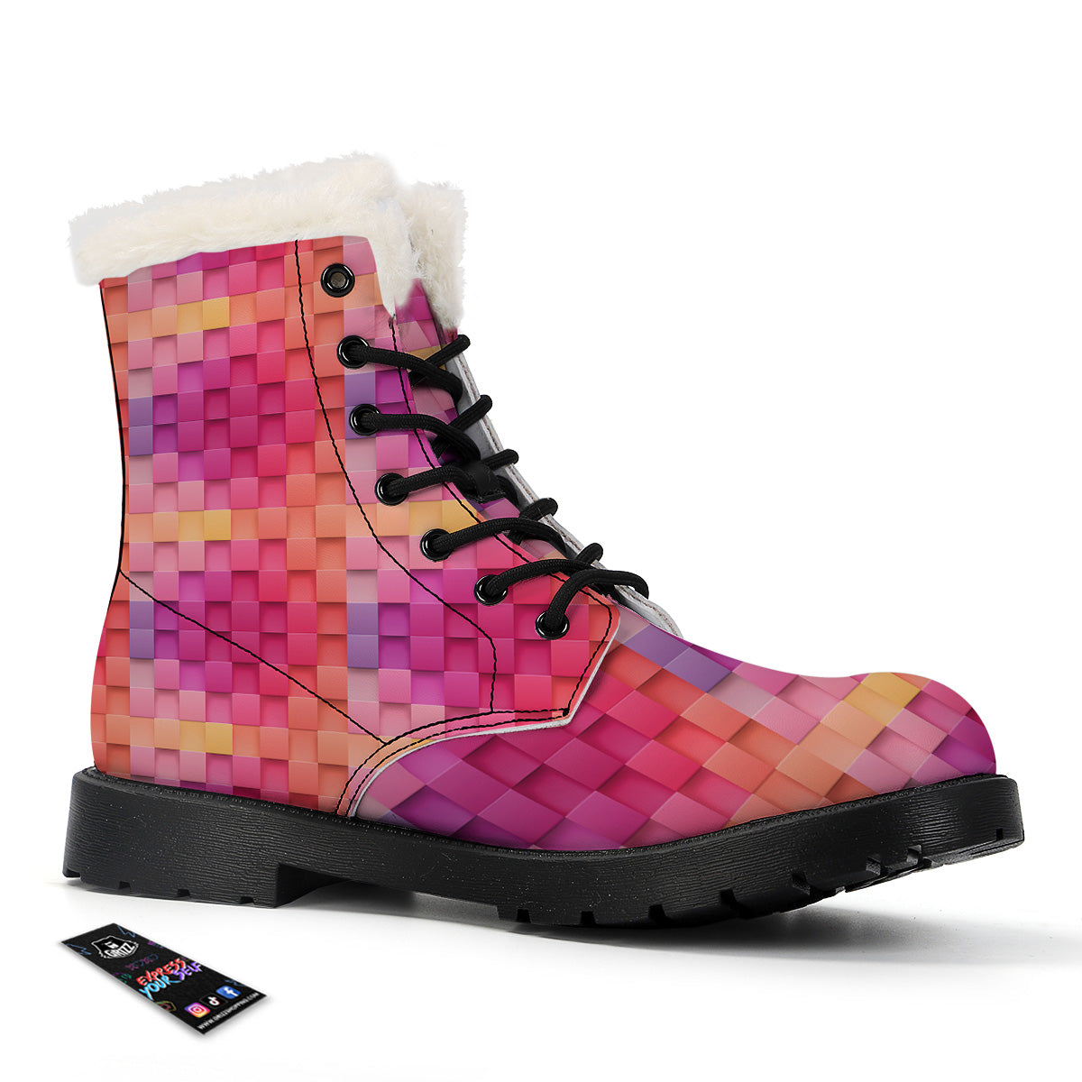 Square Tile 3D Colorful Print Pattern Winter Boots-grizzshop