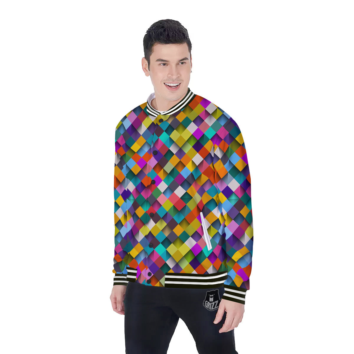 Squares 3D Colorful Print Pattern Baseball Jacket-grizzshop