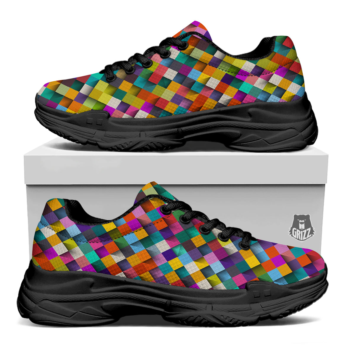 Squares 3D Colorful Print Pattern Black Chunky Shoes-grizzshop