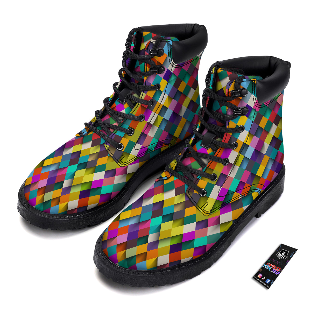 Squares 3D Colorful Print Pattern Boots-grizzshop