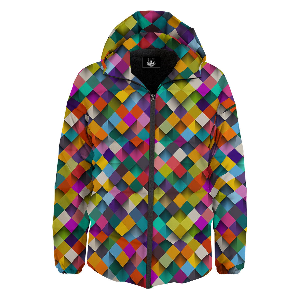 Squares 3D Colorful Print Pattern Down Jacket-grizzshop