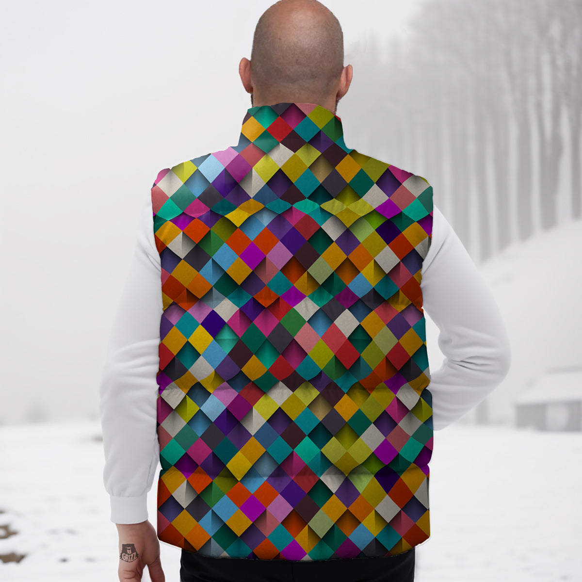 Squares 3D Colorful Print Pattern Down Vest-grizzshop