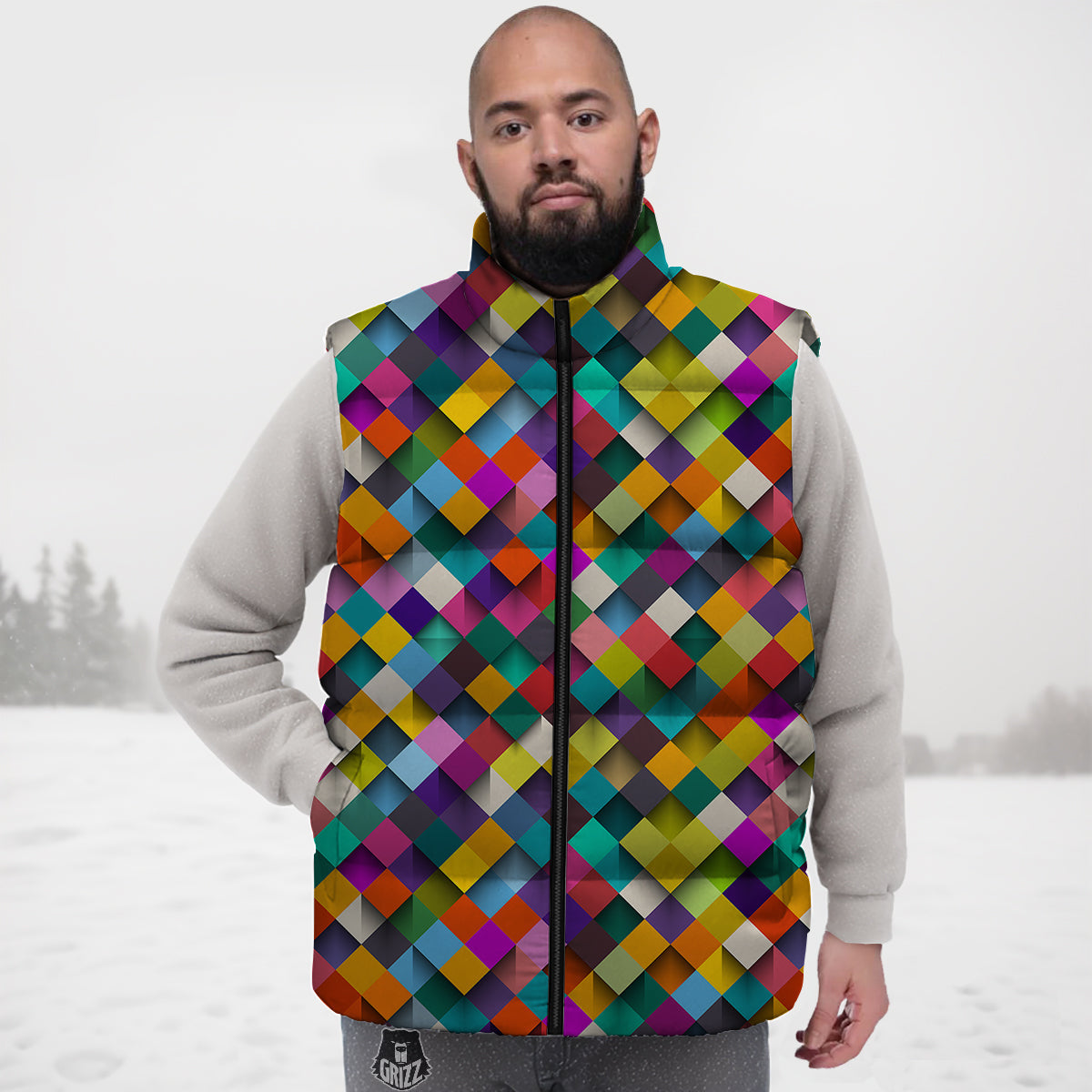 Squares 3D Colorful Print Pattern Down Vest-grizzshop
