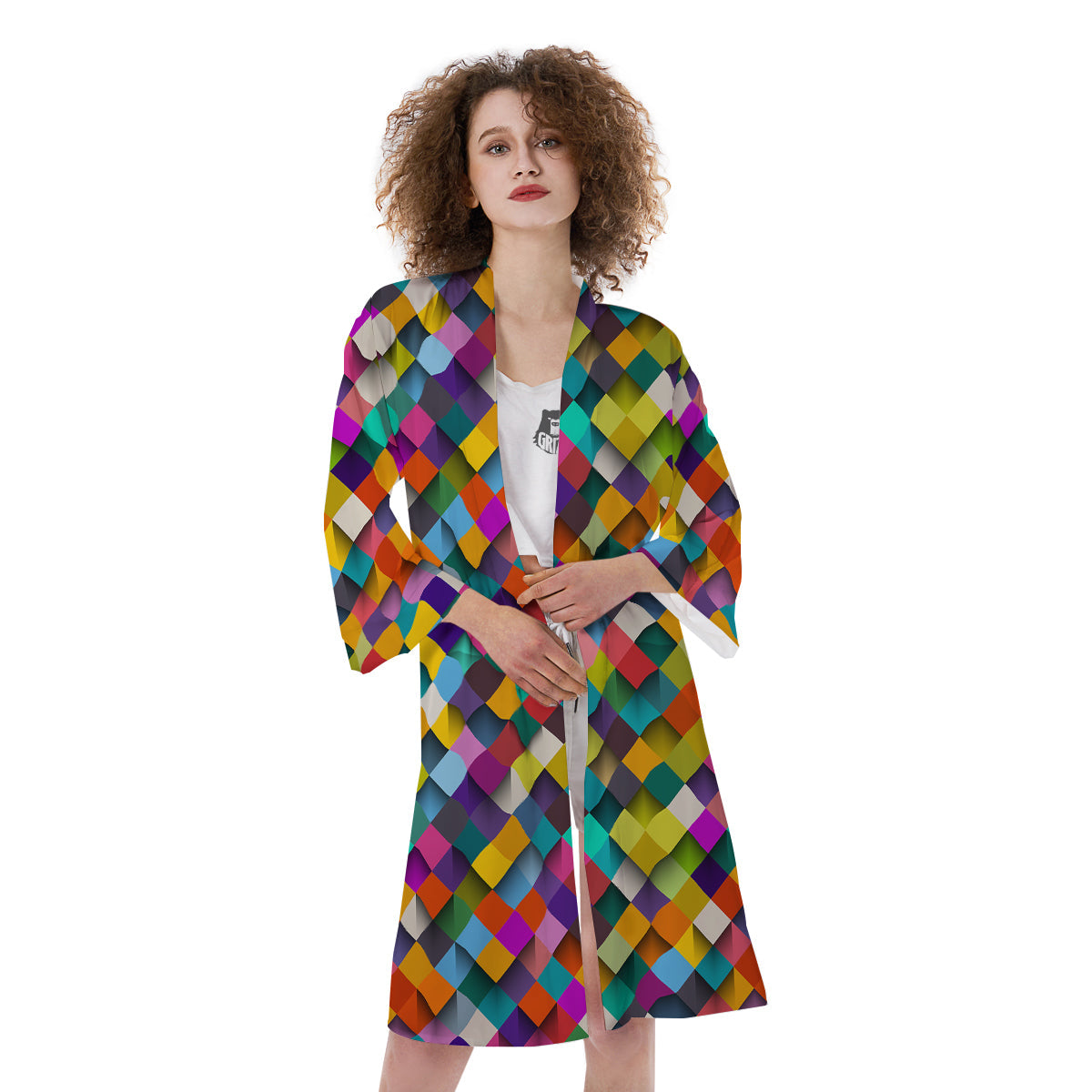Squares 3D Colorful Print Pattern Kimono-grizzshop
