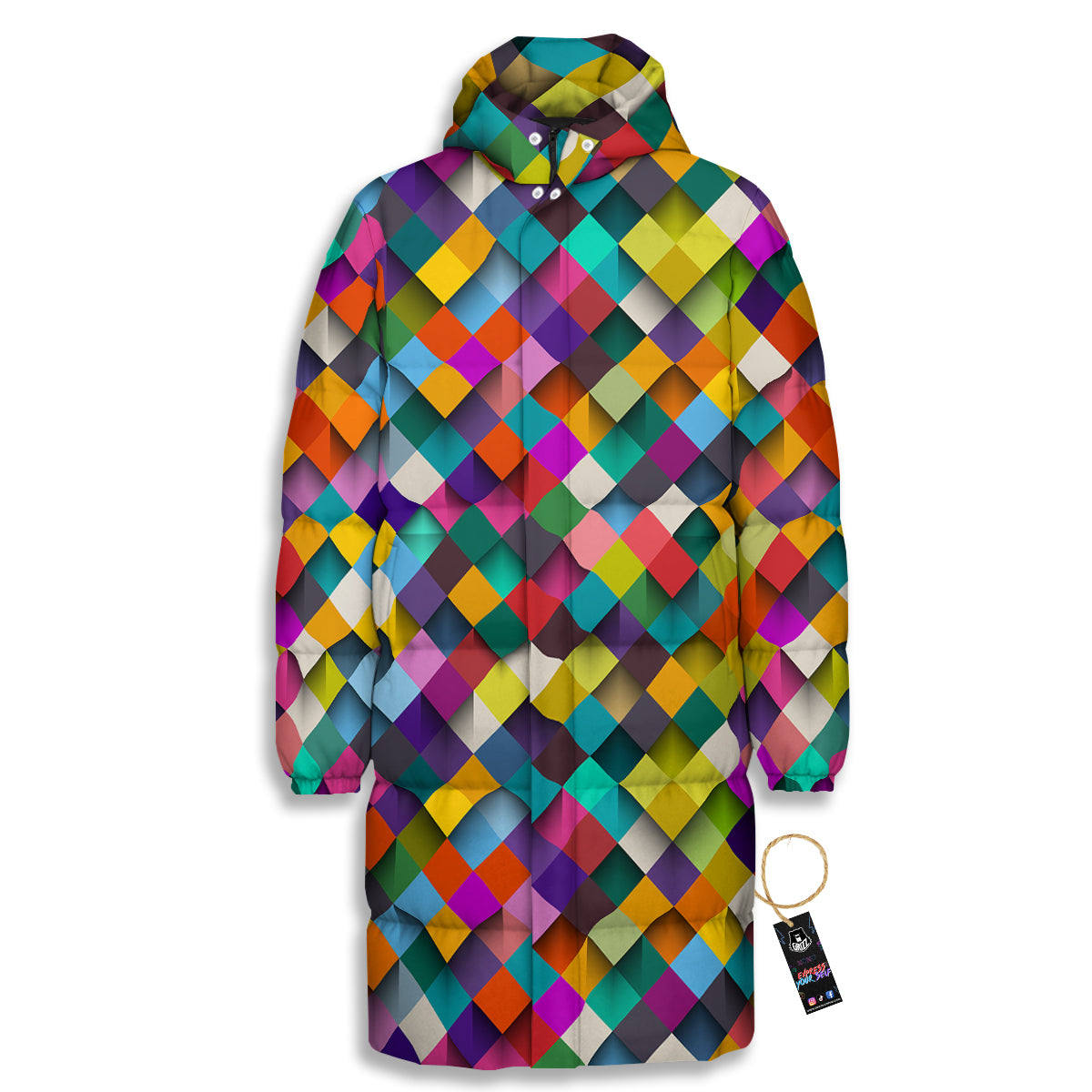Squares 3D Colorful Print Pattern Long Down Jacket-grizzshop