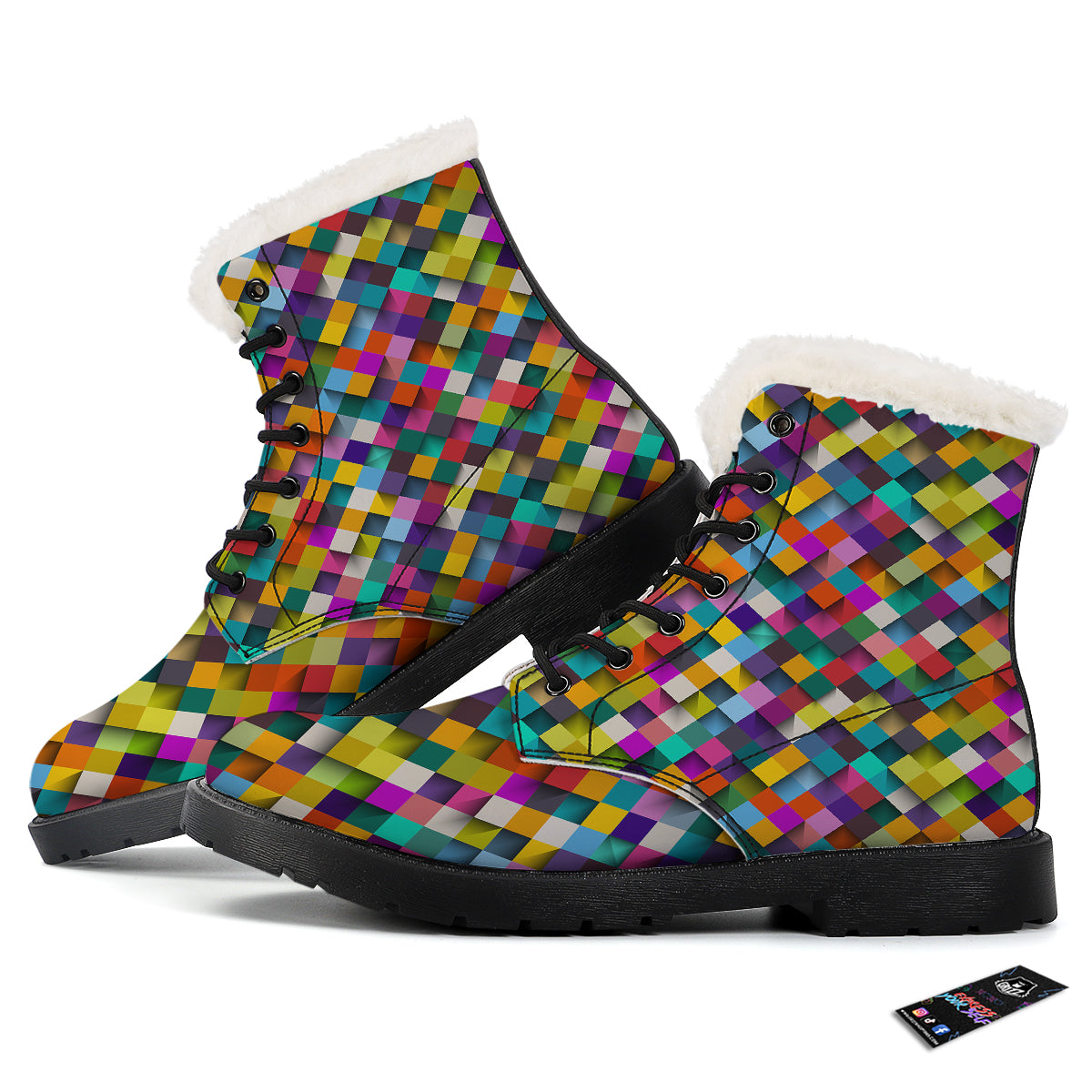 Squares 3D Colorful Print Pattern Winter Boots-grizzshop