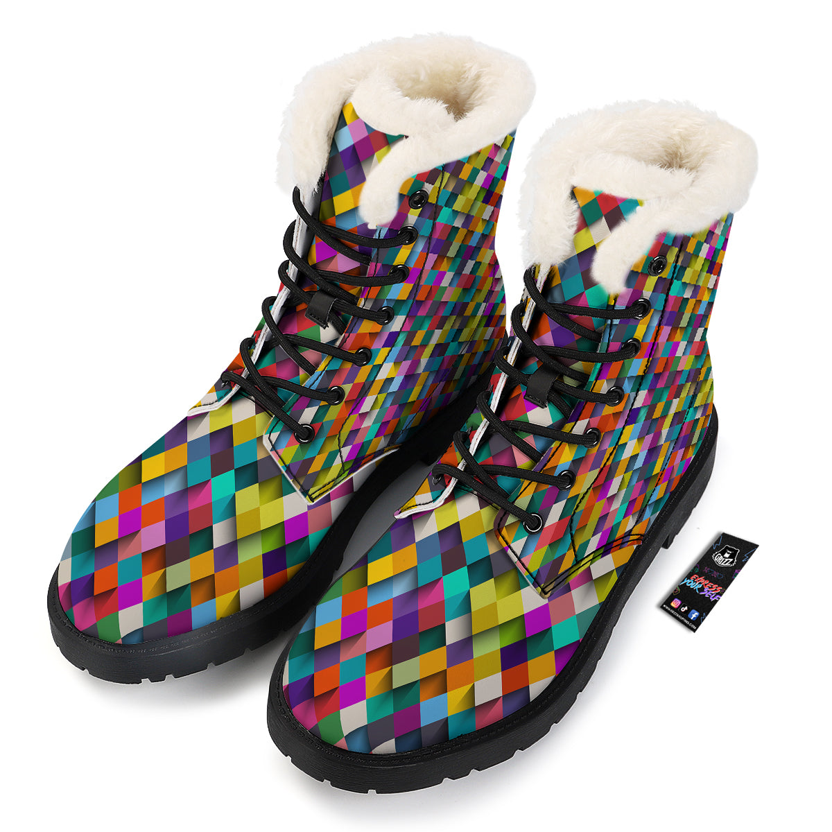 Squares 3D Colorful Print Pattern Winter Boots-grizzshop