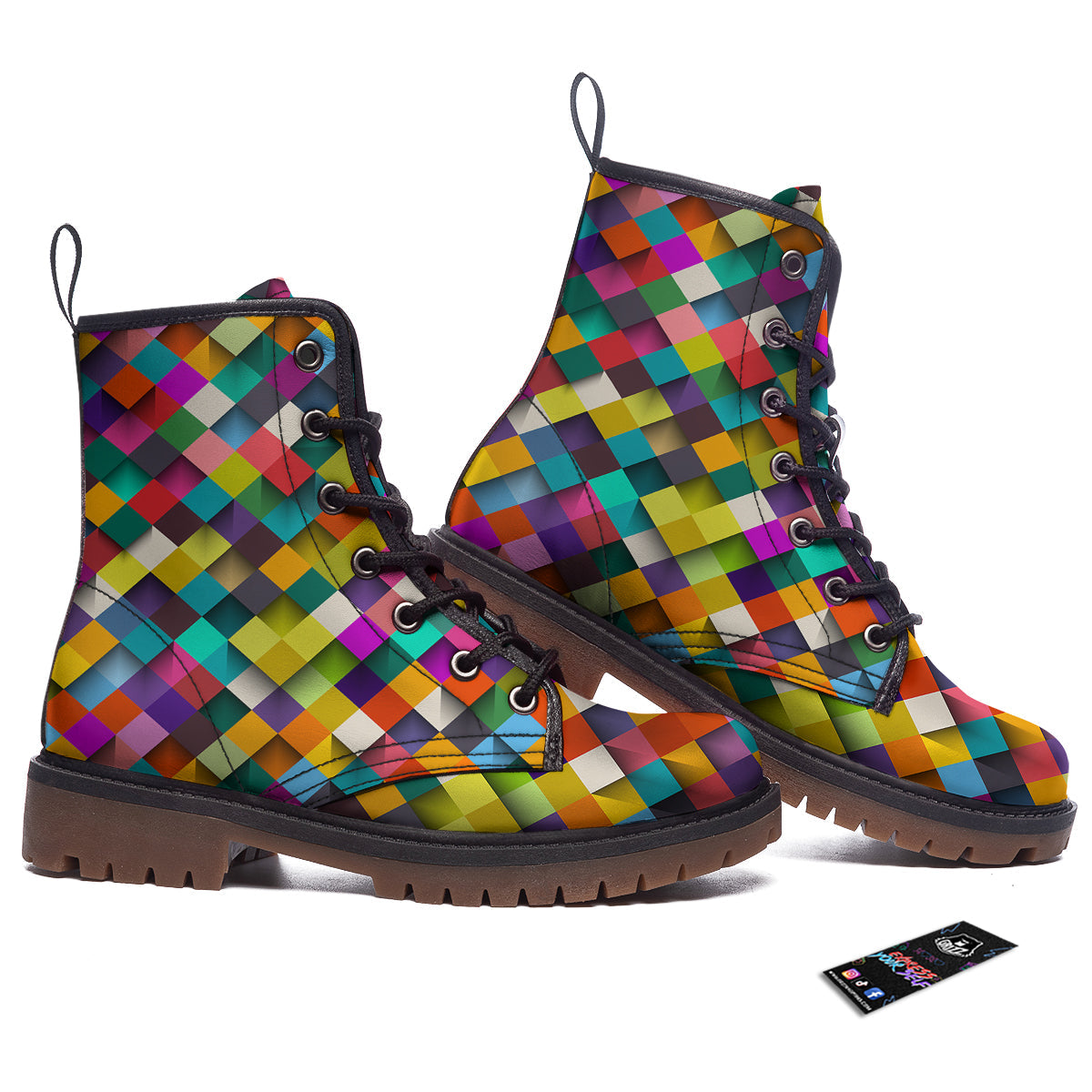 Squares 3D Colorful Print Pattern Work Boots-grizzshop