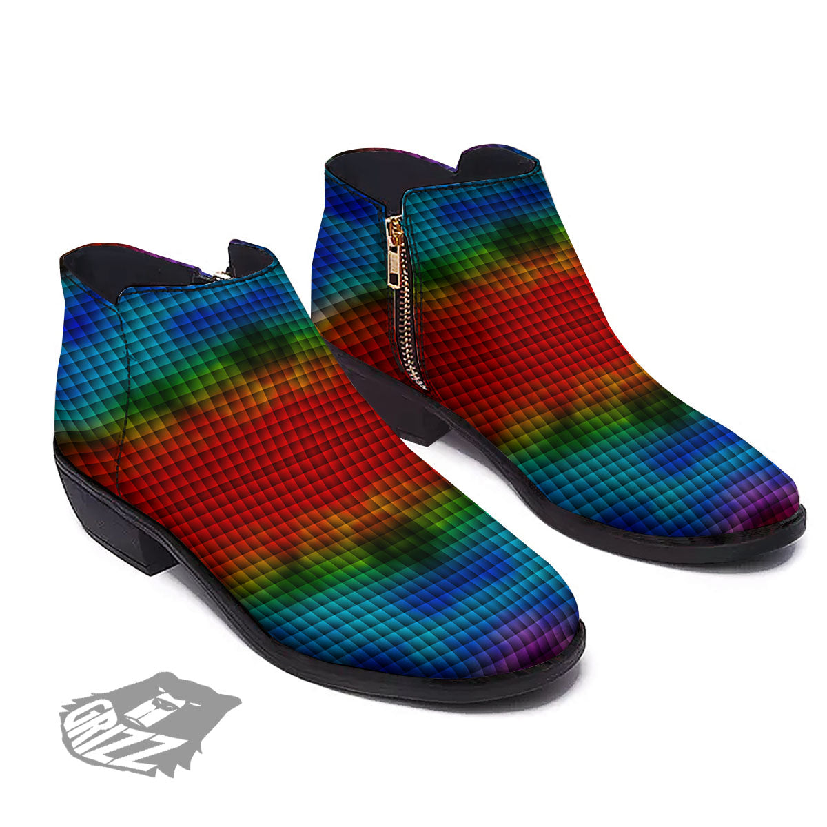 Squares Rainbow Print Pattern Ankle Boots-grizzshop