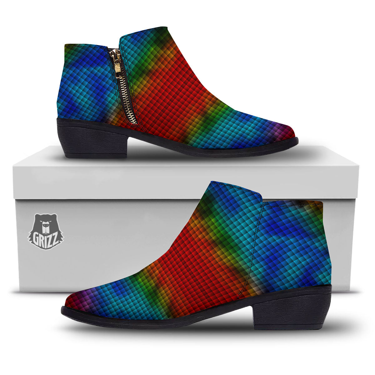 Squares Rainbow Print Pattern Ankle Boots-grizzshop