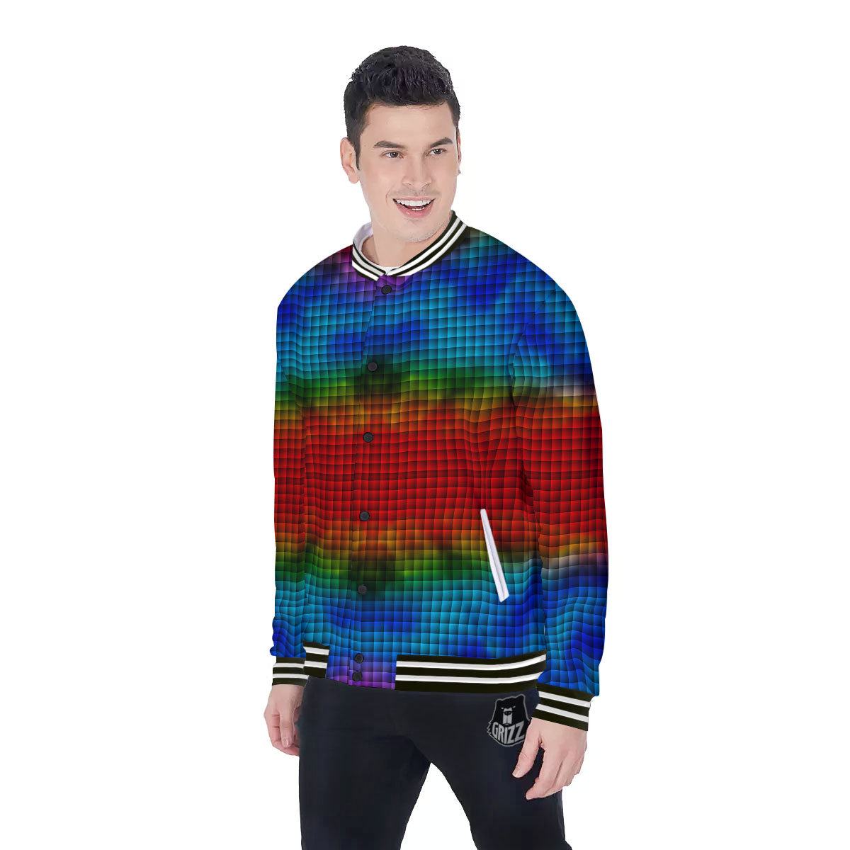 Squares Rainbow Print Pattern Baseball Jacket-grizzshop