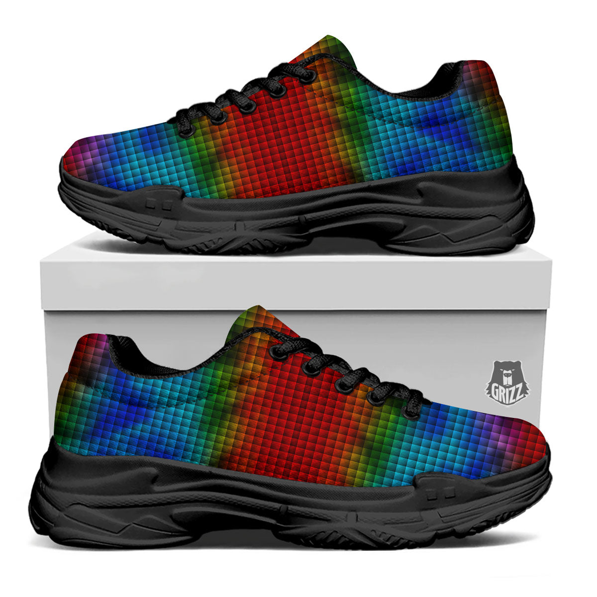Squares Rainbow Print Pattern Black Chunky Shoes-grizzshop