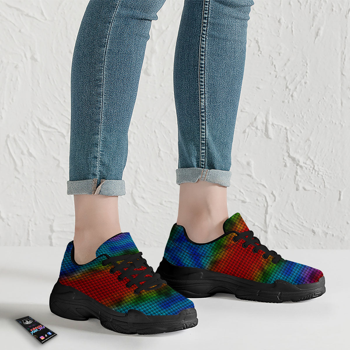Squares Rainbow Print Pattern Black Chunky Shoes-grizzshop