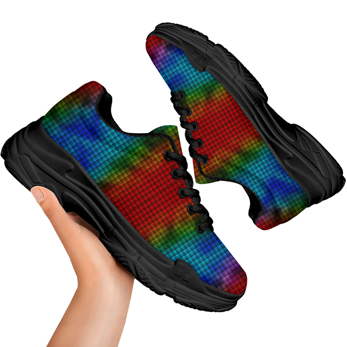 Squares Rainbow Print Pattern Black Chunky Shoes-grizzshop