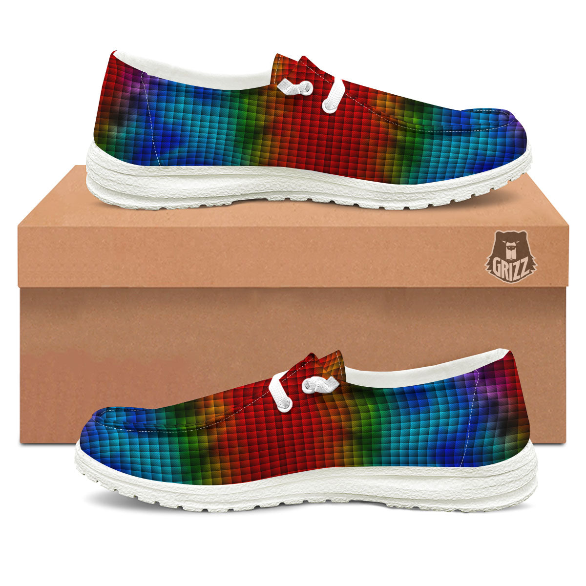 Squares Rainbow Print Pattern Black Loafers-grizzshop