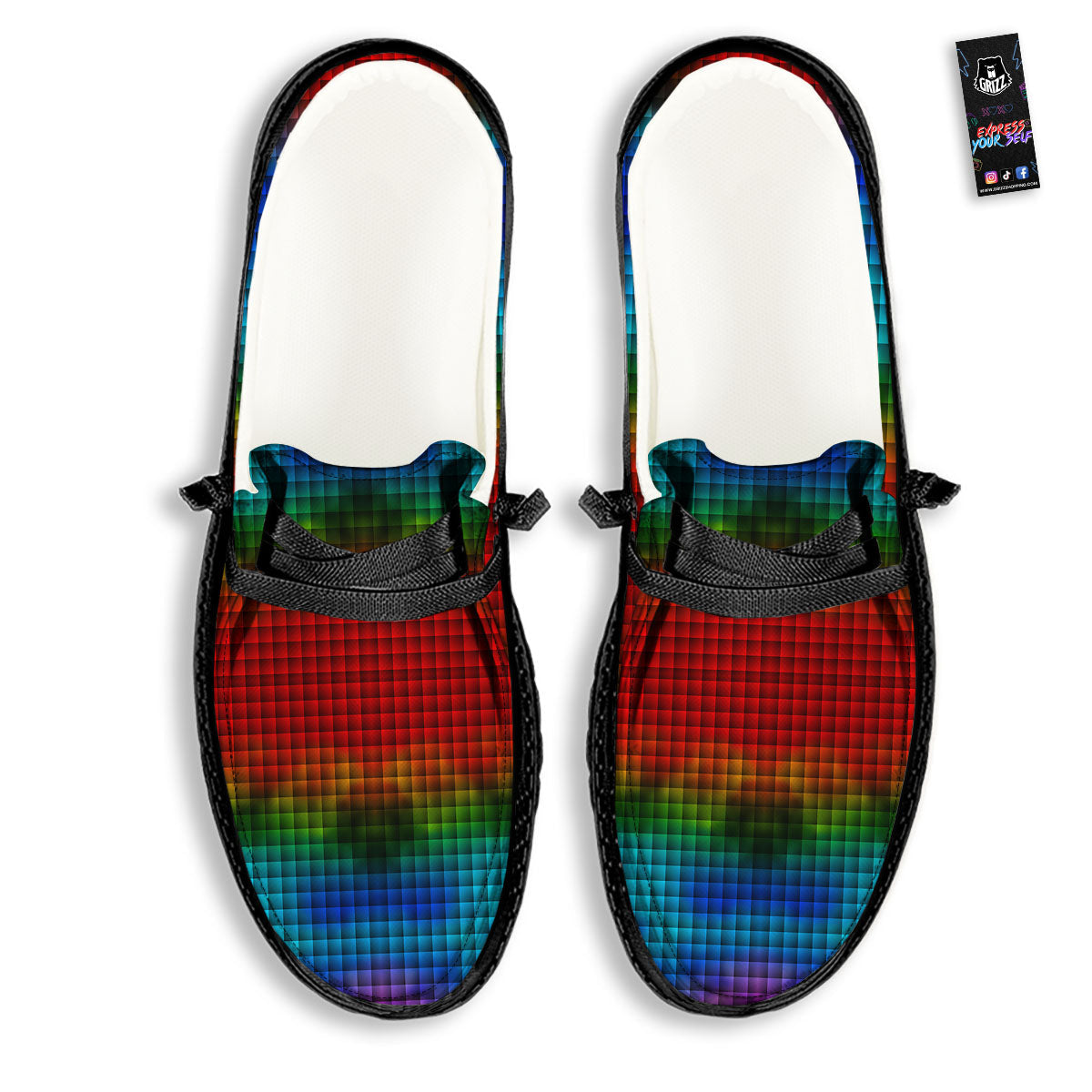 Squares Rainbow Print Pattern Black Loafers-grizzshop