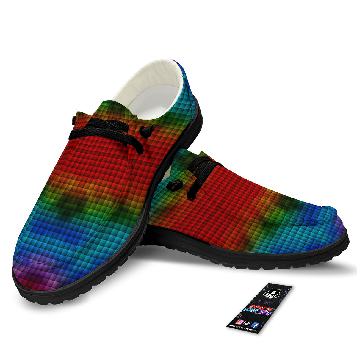 Squares Rainbow Print Pattern Black Loafers-grizzshop