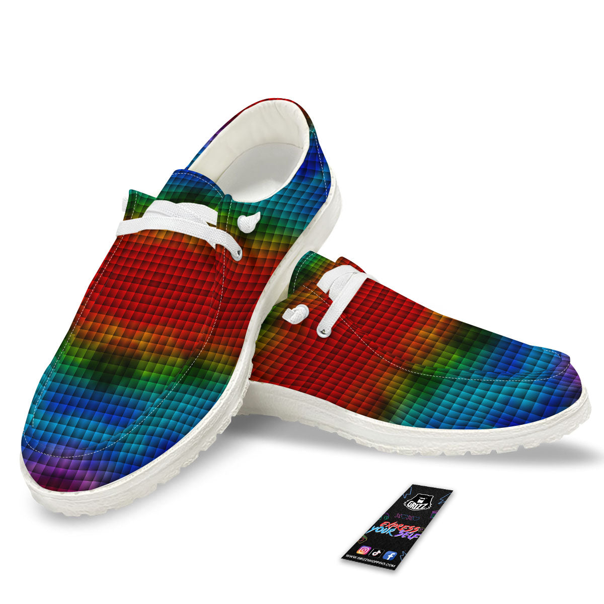 Squares Rainbow Print Pattern Black Loafers-grizzshop