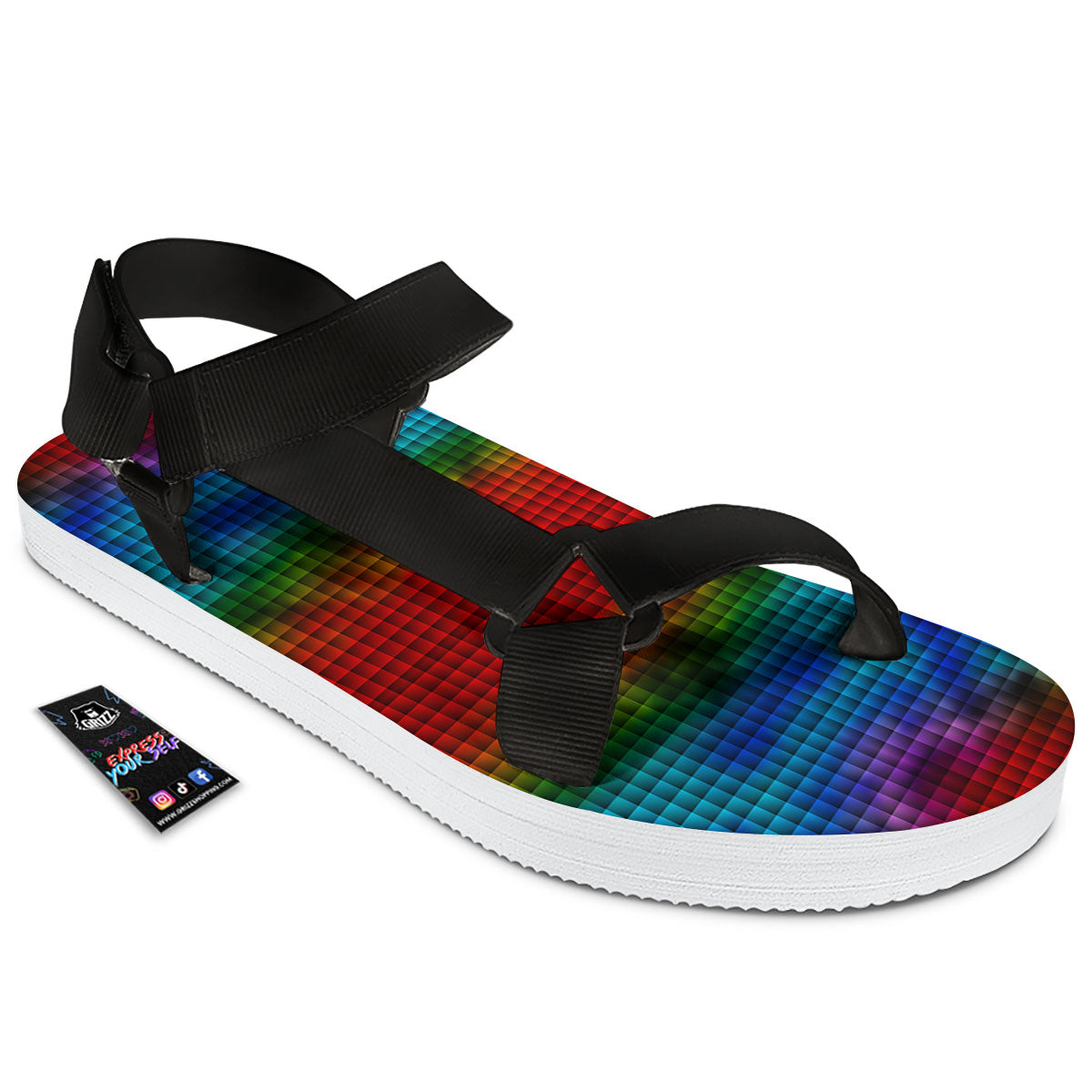 Squares Rainbow Print Pattern Black Open Toe Sandals-grizzshop