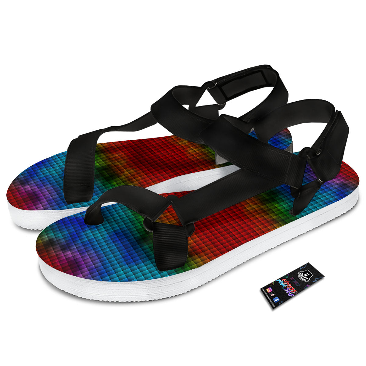 Squares Rainbow Print Pattern Black Open Toe Sandals-grizzshop