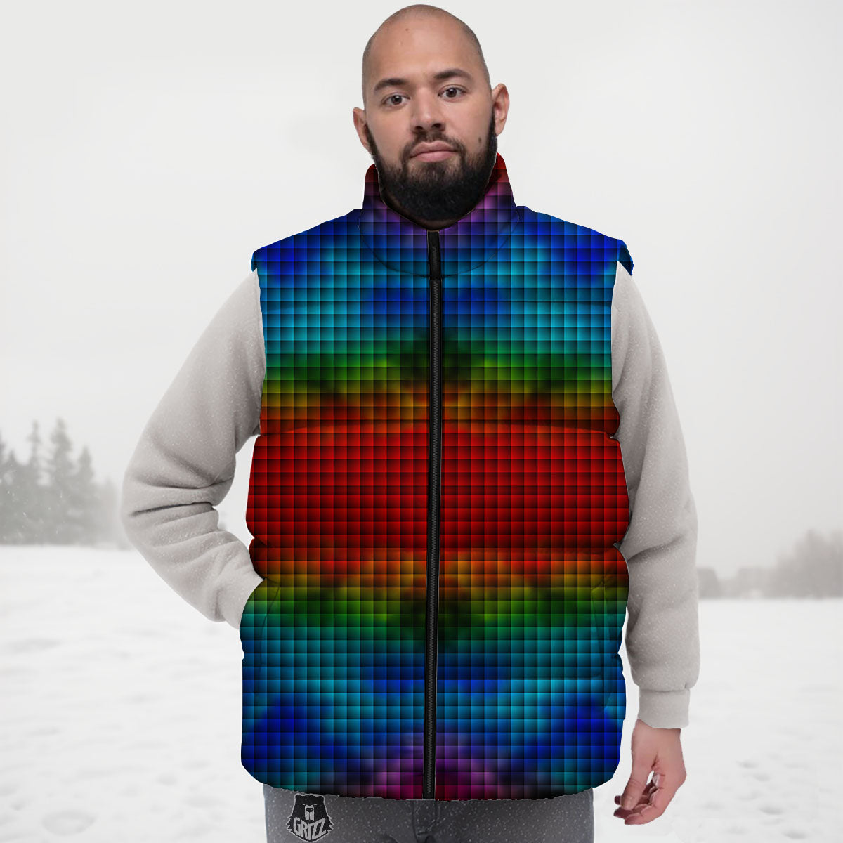 Squares Rainbow Print Pattern Down Vest