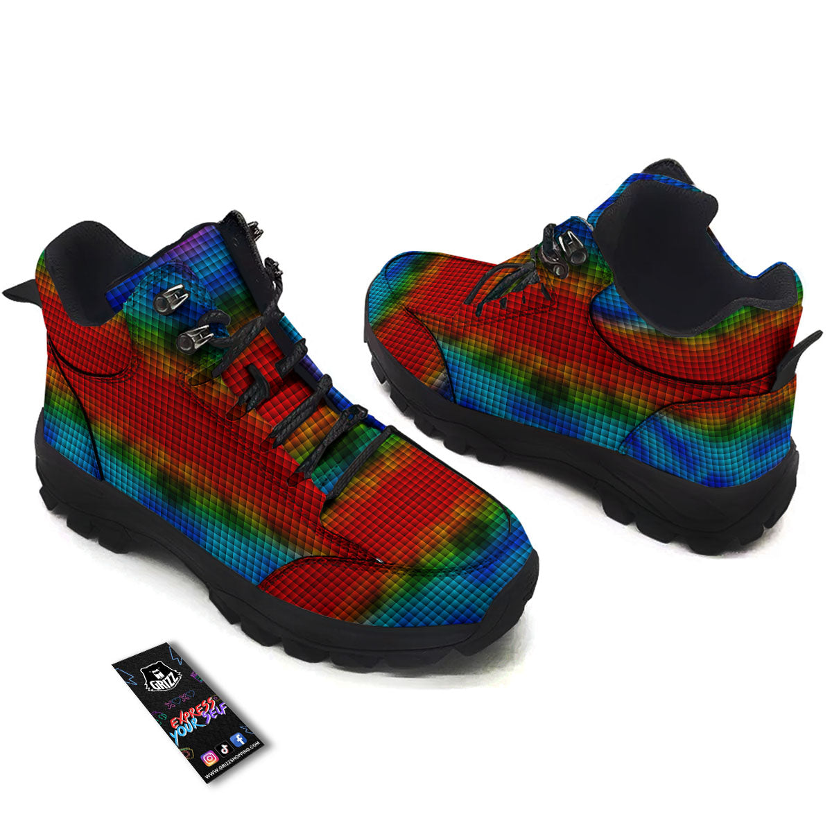 Squares Rainbow Print Pattern Hiking Shoes-grizzshop