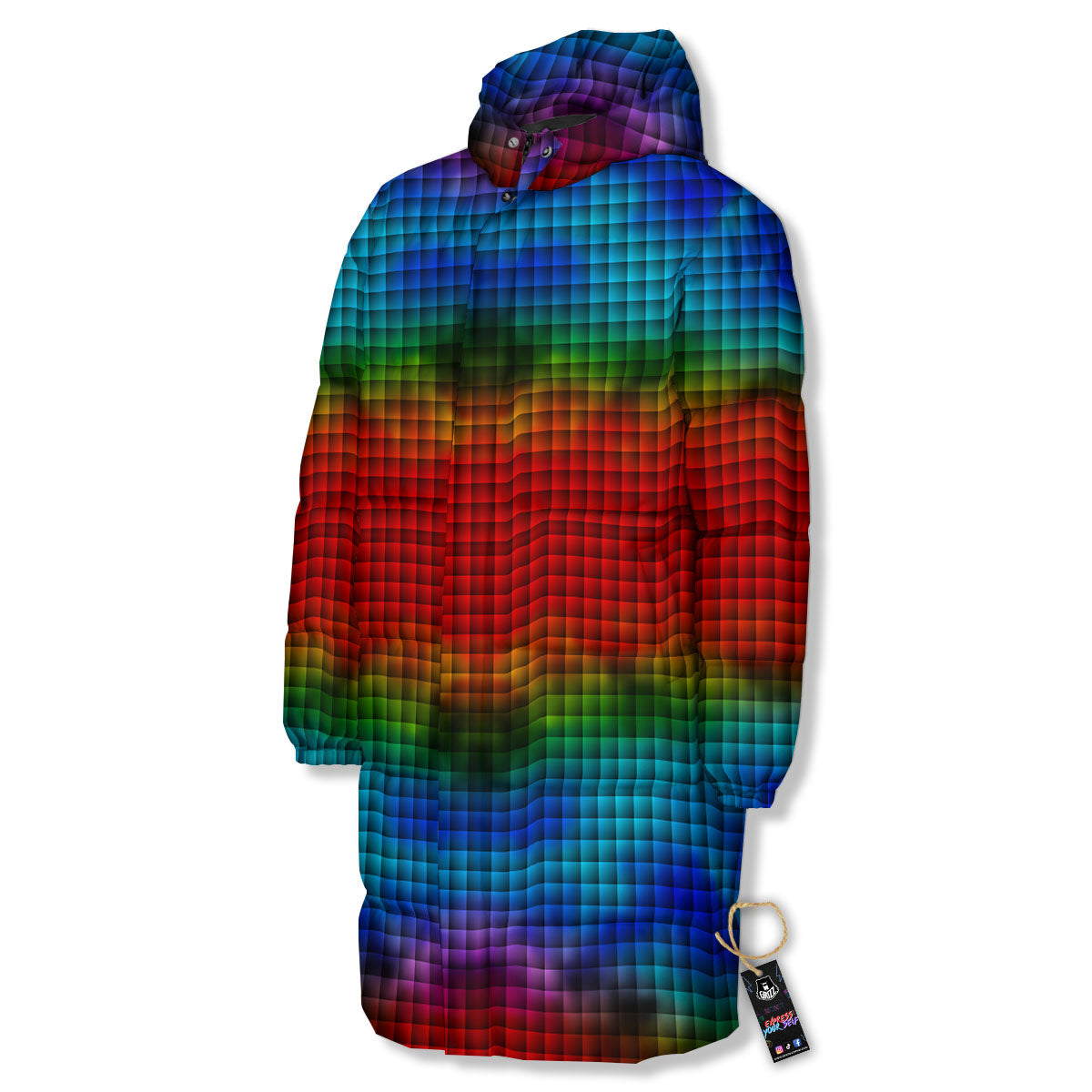 Squares Rainbow Print Pattern Long Down Jacket-grizzshop