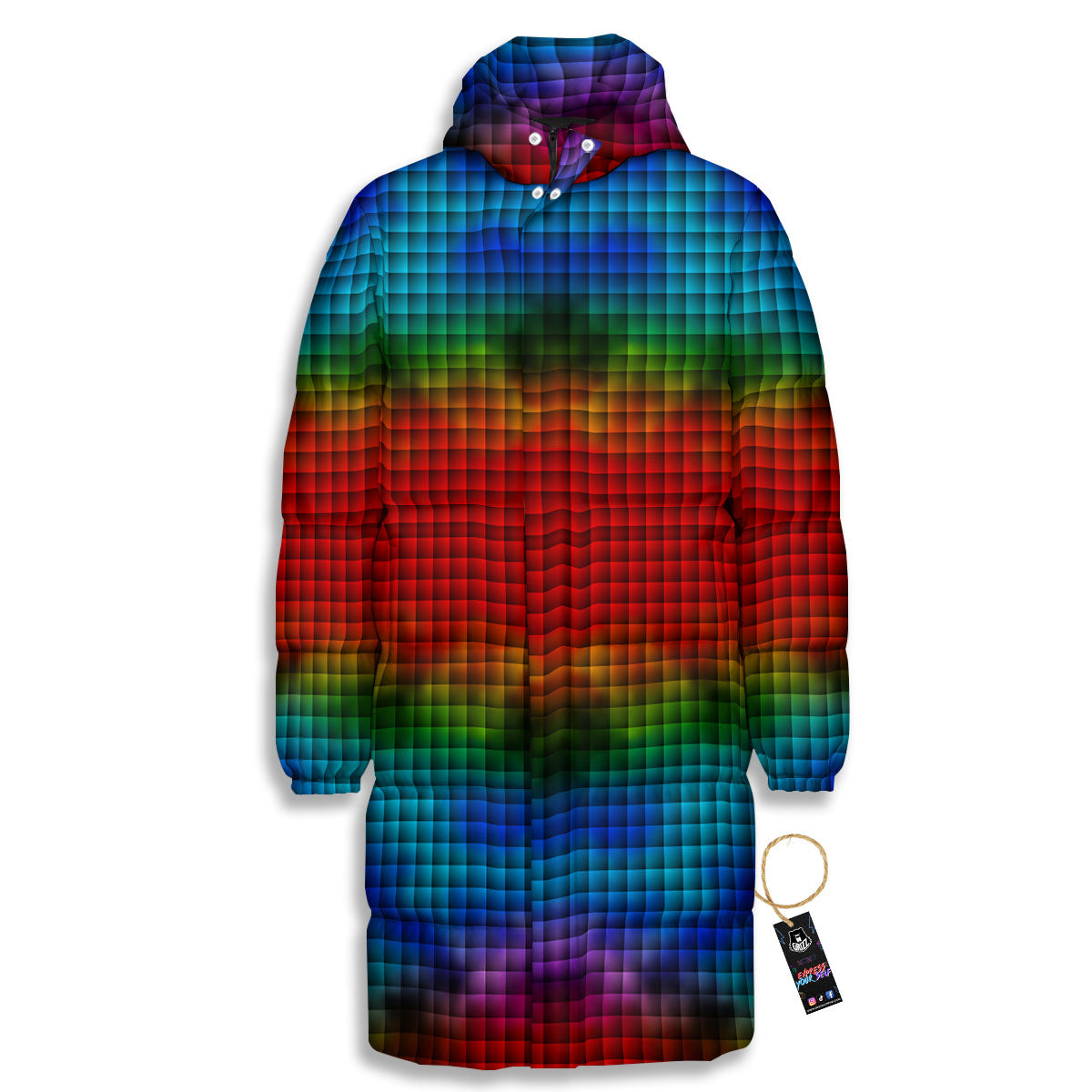 Squares Rainbow Print Pattern Long Down Jacket-grizzshop