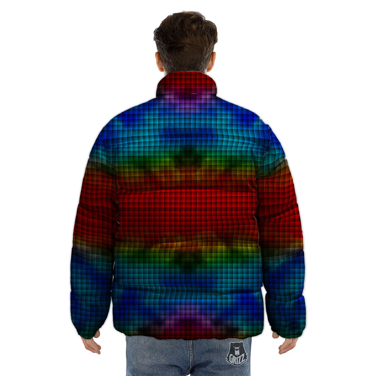 Squares Rainbow Print Pattern Puffer Jacket-grizzshop