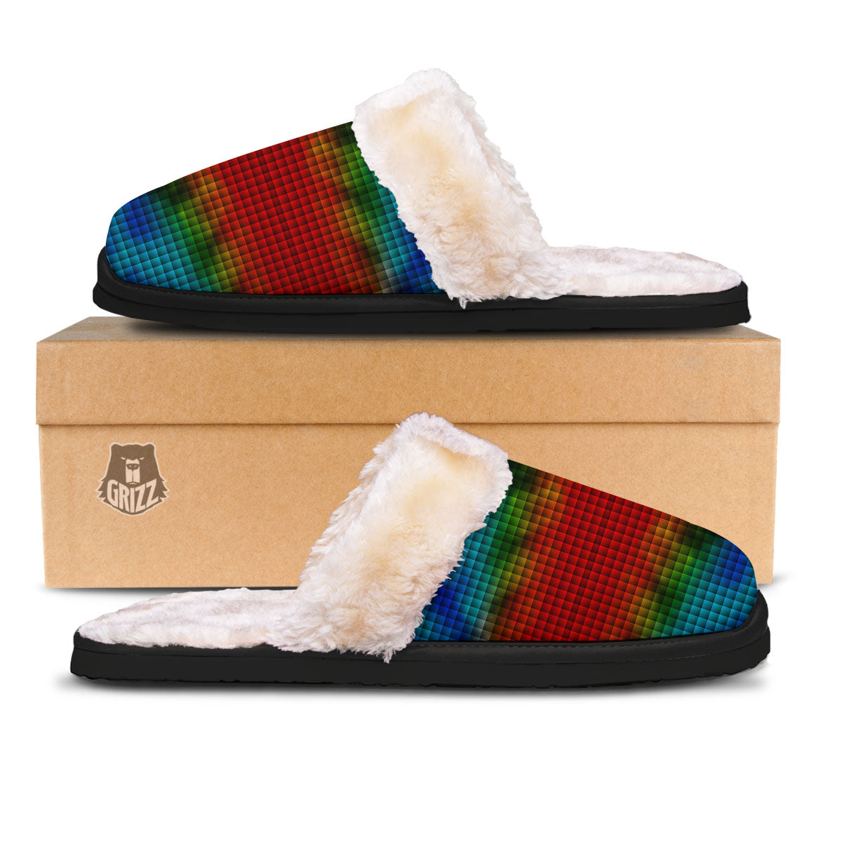 Squares Rainbow Print Pattern Slippers-grizzshop