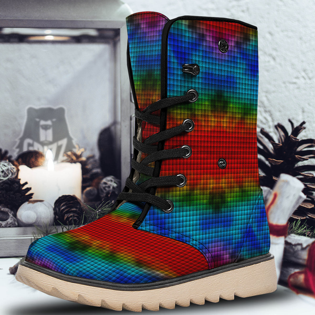 Squares Rainbow Print Pattern Snow Boots-grizzshop