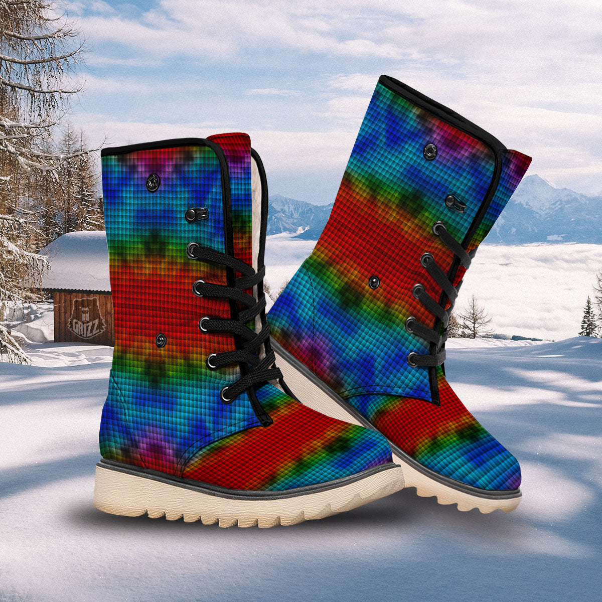 Squares Rainbow Print Pattern Snow Boots-grizzshop