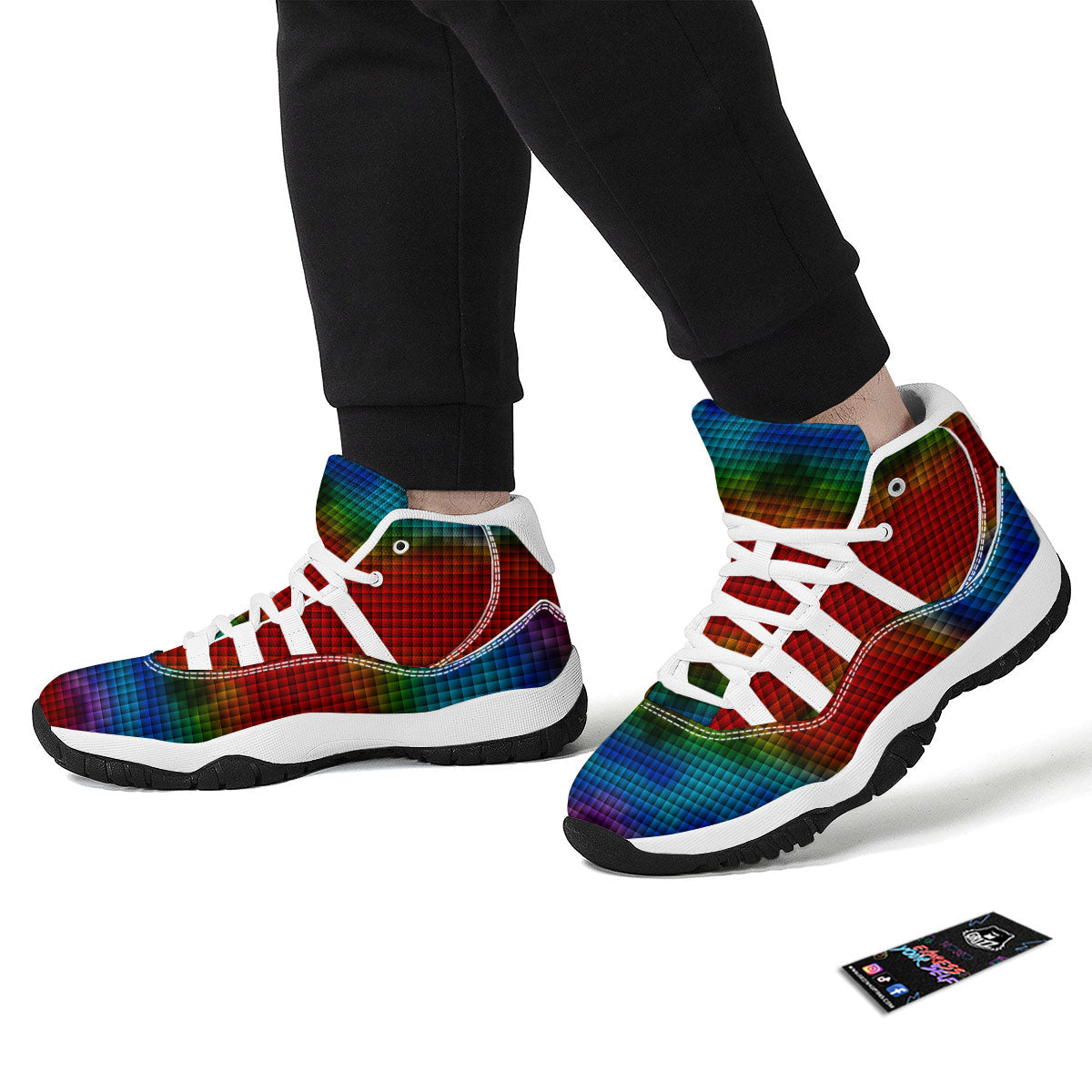 Squares Rainbow Print Pattern White Bball Shoes-grizzshop
