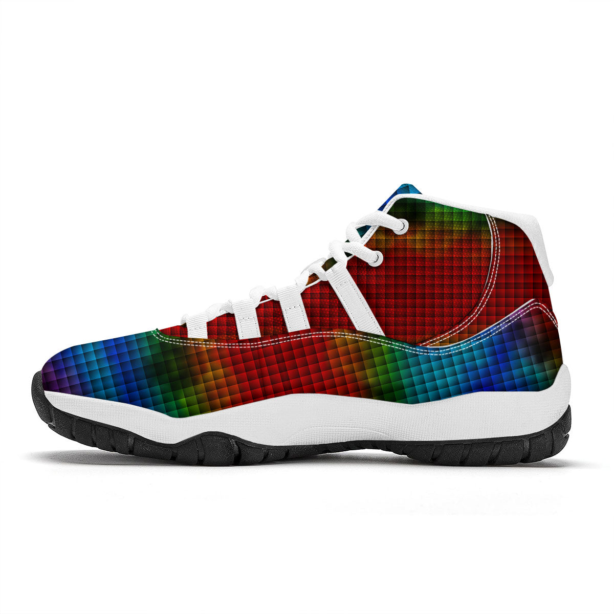 Squares Rainbow Print Pattern White Bball Shoes-grizzshop