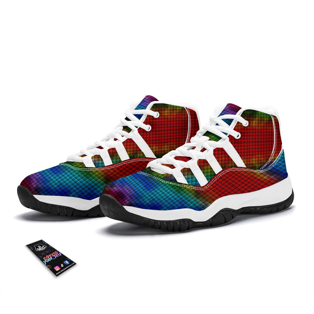 Squares Rainbow Print Pattern White Bball Shoes-grizzshop