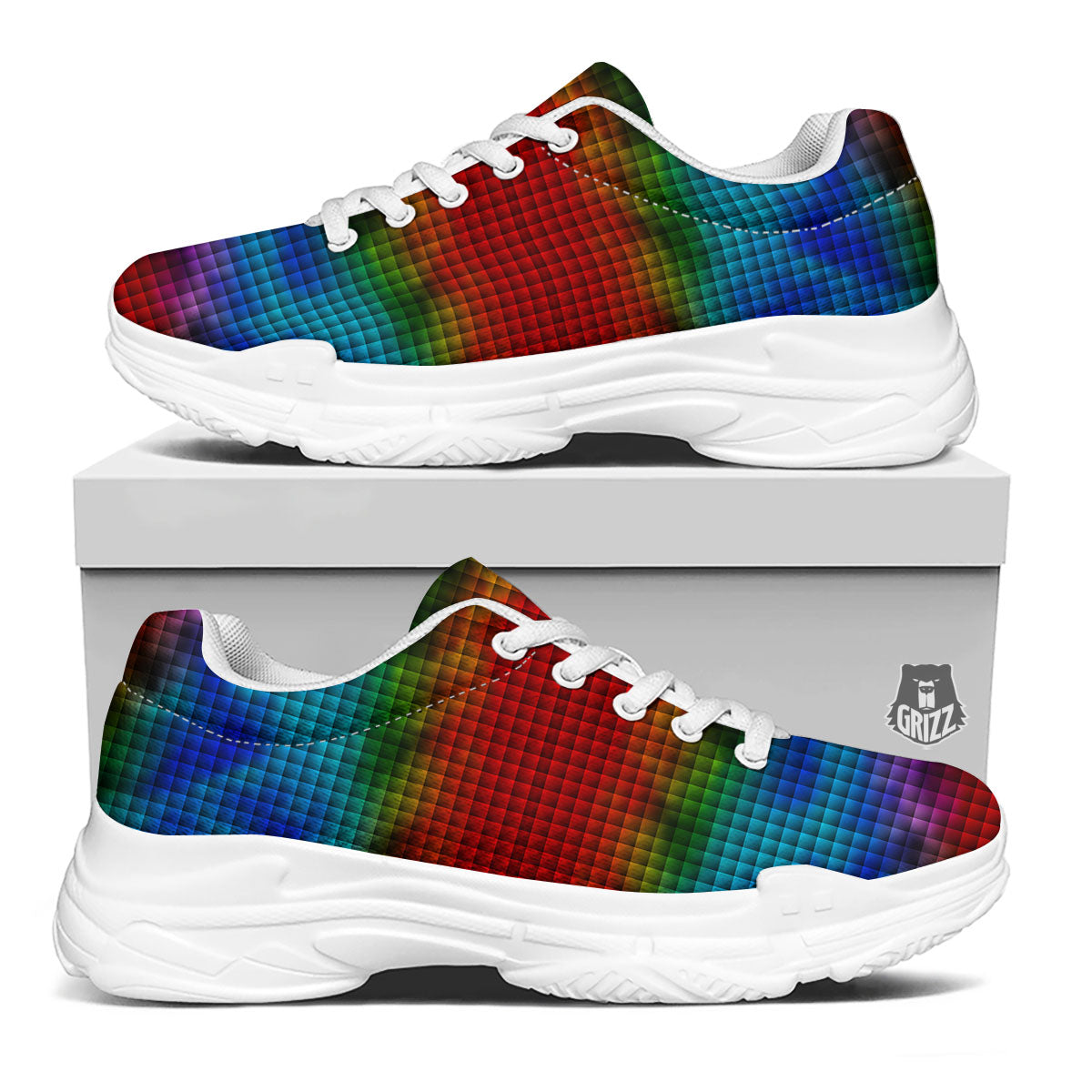 Squares Rainbow Print Pattern White Chunky Shoes-grizzshop