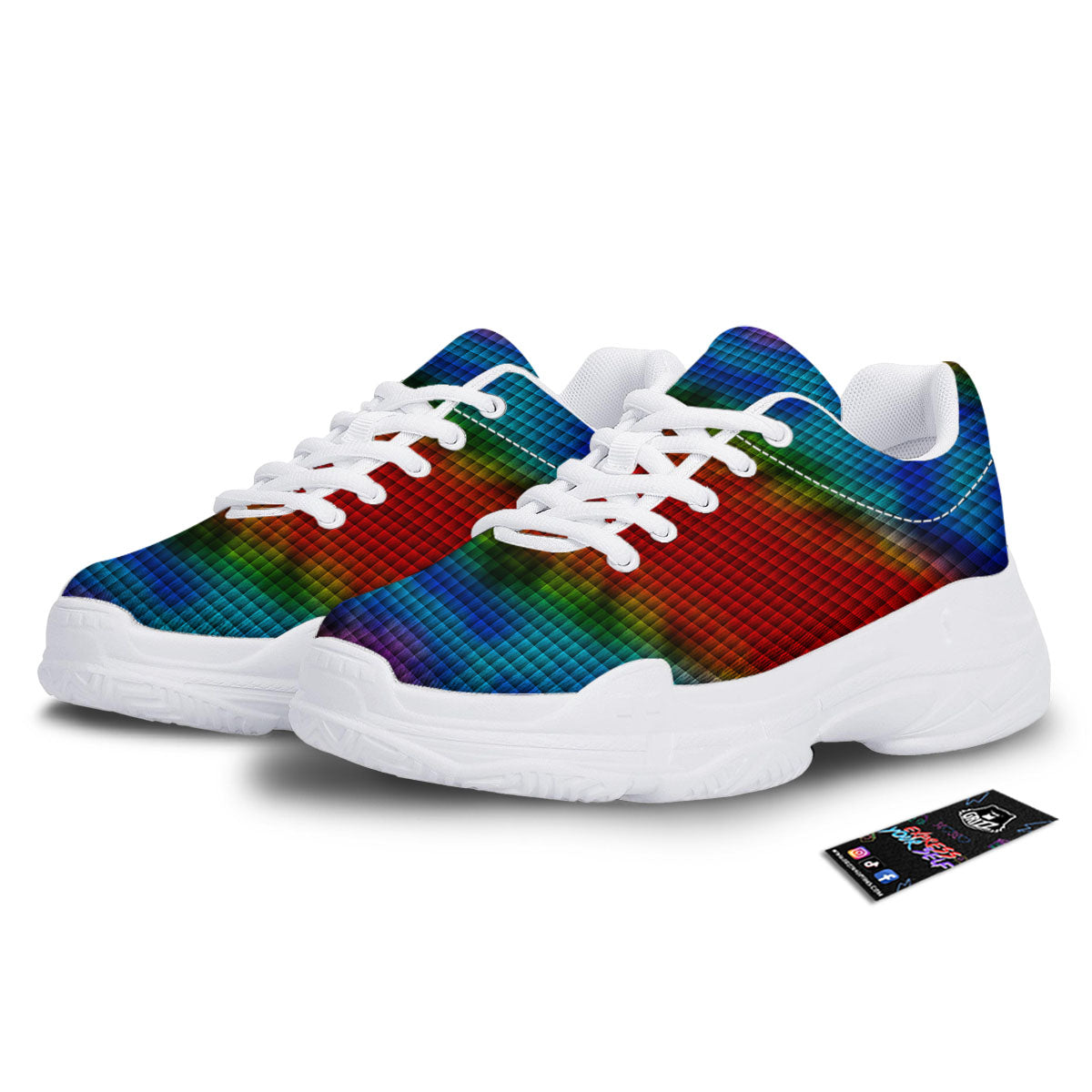 Squares Rainbow Print Pattern White Chunky Shoes-grizzshop