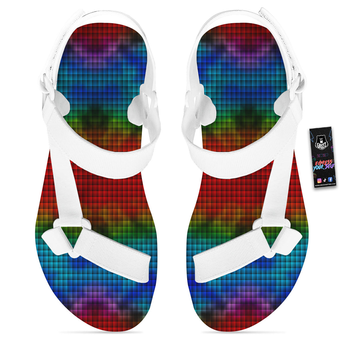 Squares Rainbow Print Pattern White Open Toe Sandals-grizzshop