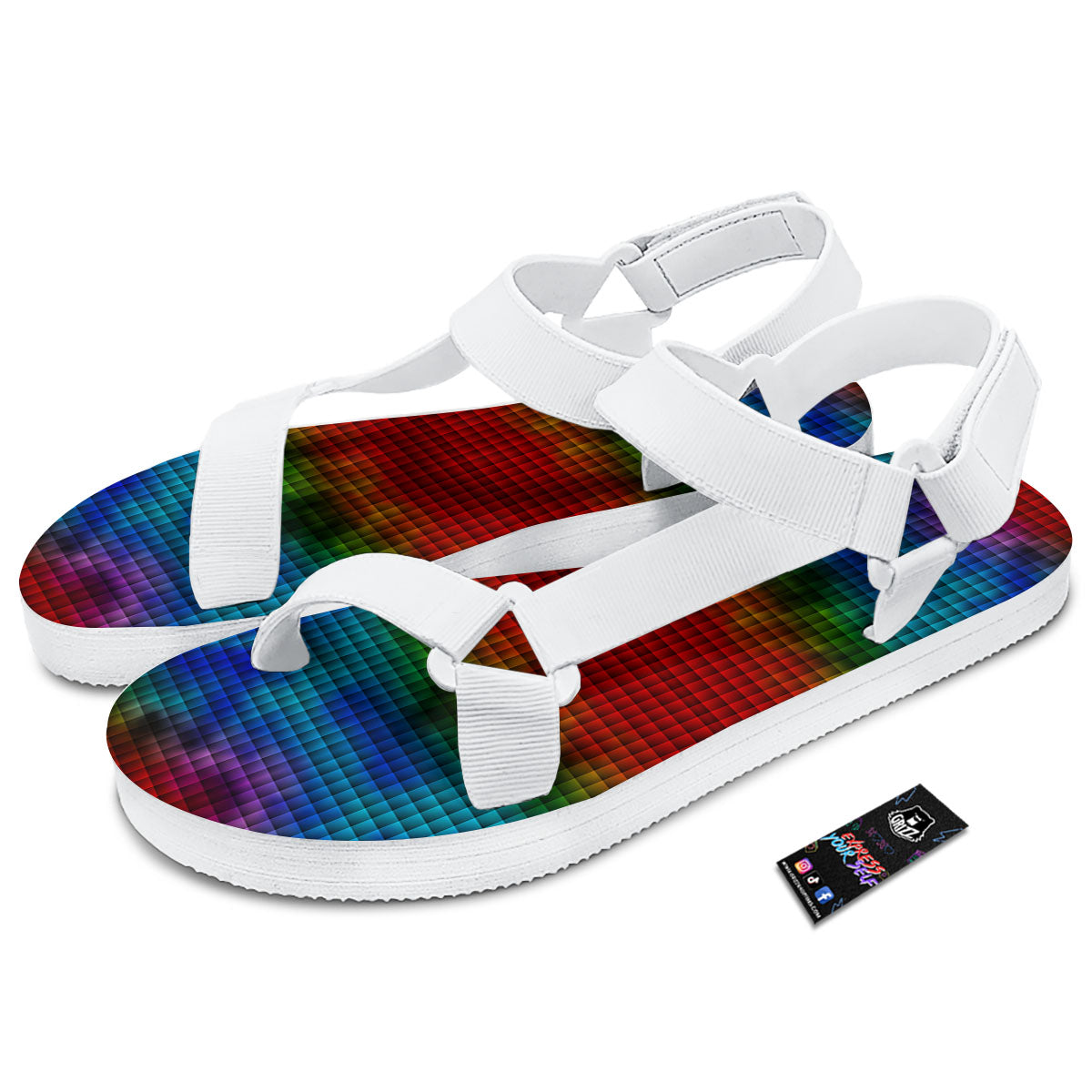 Squares Rainbow Print Pattern White Open Toe Sandals-grizzshop